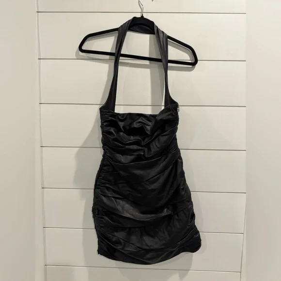 Zeynep Arcay black leather ruched mini sheath dress Zeynep Arcay black leather ruched mini sheath dress